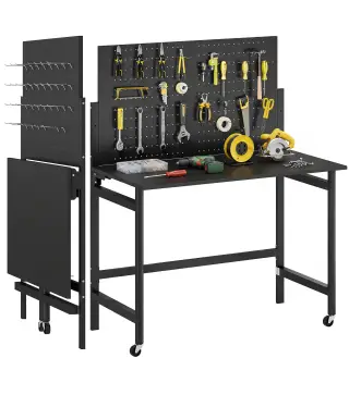 Banco de Trabajo con Tablero Perforado Mesa de Trabajo Plegable con Ruedas Marco de Acero Ganchos Negro