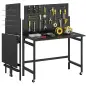 Banco de Trabajo con Tablero Perforado Mesa de Trabajo Plegable con Ruedas Marco de Acero Ganchos Negro
