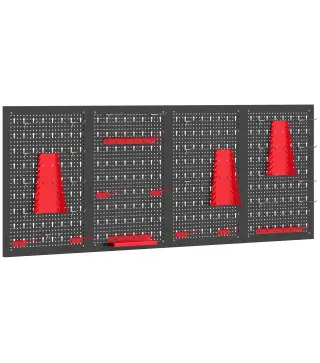 4 Paneles de Herramientas de Pared 38 Piezas cada panel 60x40 cm con Ganchos y Estantes Negro y Rojo