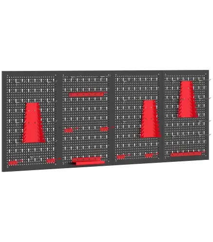 4 Paneles de Herramientas de Pared 38 Piezas cada panel 60x40 cm con Ganchos y Estantes Negro y Rojo