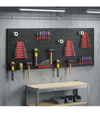 4 Paneles de Herramientas de Pared 38 Piezas cada panel 60x40 cm con Ganchos y Estantes Negro y Rojo