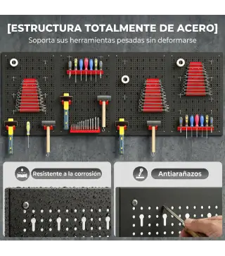 4 Paneles de Herramientas de Pared 38 Piezas cada panel 60x40 cm con Ganchos y Estantes Negro y Rojo