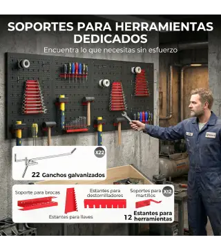 4 Paneles de Herramientas de Pared 38 Piezas cada panel 60x40 cm con Ganchos y Estantes Negro y Rojo