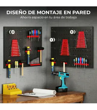 4 Paneles de Herramientas de Pared 38 Piezas cada panel 60x40 cm con Ganchos y Estantes Negro y Rojo