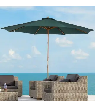Sombrilla Ø300x250 cm Parasol con Poste de Madera con Sistema de Poleas para Jardín Patio Terraza Verde