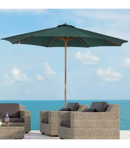 Sombrilla Ø300x250 cm Parasol con Poste de Madera con Sistema de Poleas para Jardín Patio Terraza Verde