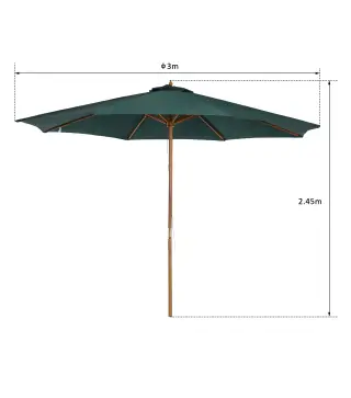 Sombrilla Ø300x250 cm Parasol con Poste de Madera con Sistema de Poleas para Jardín Patio Terraza Verde