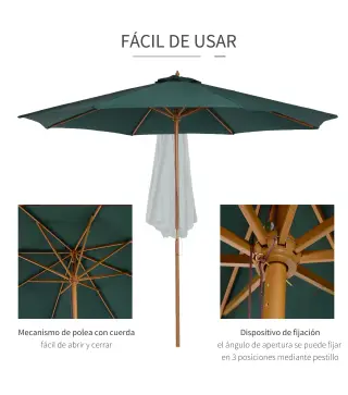 Sombrilla Ø300x250 cm Parasol con Poste de Madera con Sistema de Poleas para Jardín Patio Terraza Verde