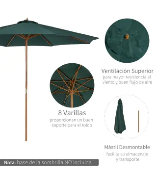 Sombrilla Ø300x250 cm Parasol con Poste de Madera con Sistema de Poleas para Jardín Patio Terraza Verde