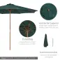 Sombrilla Ø300x250 cm Parasol con Poste de Madera con Sistema de Poleas para Jardín Patio Terraza Verde