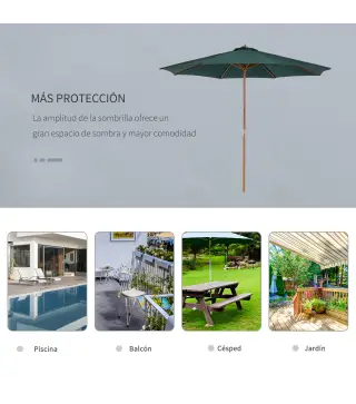 Sombrilla Ø300x250 cm Parasol con Poste de Madera con Sistema de Poleas para Jardín Patio Terraza Verde