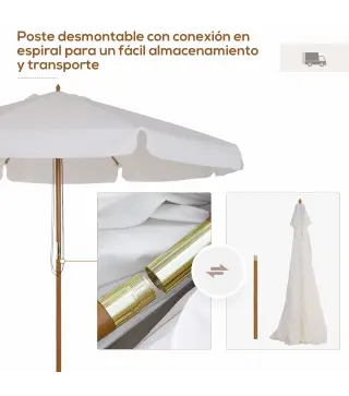 Sombrilla Terraza Exterior Ø325 cm Sombrilla de Jardín con Sistema de Polea Techo Ventilado 8 Varillas de Bambú y Poste de Mader