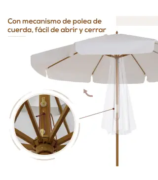 Sombrilla Terraza Exterior Ø325 cm Sombrilla de Jardín con Sistema de Polea Techo Ventilado 8 Varillas de Bambú y Poste de Mader