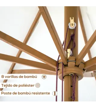 Sombrilla Terraza Exterior Ø325 cm Sombrilla de Jardín con Sistema de Polea Techo Ventilado 8 Varillas de Bambú y Poste de Mader