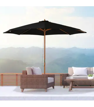Sombrilla Terraza Exterior Ø300 cm Sombrilla de Jardín con Sistema de Polea Techo Ventilado y Poste Desmontable de Madera Paraso