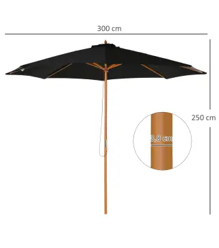 Sombrilla Terraza Exterior Ø300 cm Sombrilla de Jardín con Sistema de Polea Techo Ventilado y Poste Desmontable de Madera Paraso