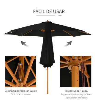 Sombrilla Terraza Exterior Ø300 cm Sombrilla de Jardín con Sistema de Polea Techo Ventilado y Poste Desmontable de Madera Paraso