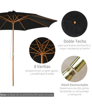 Sombrilla Terraza Exterior Ø300 cm Sombrilla de Jardín con Sistema de Polea Techo Ventilado y Poste Desmontable de Madera Paraso