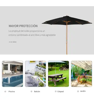 Sombrilla Terraza Exterior Ø300 cm Sombrilla de Jardín con Sistema de Polea Techo Ventilado y Poste Desmontable de Madera Paraso
