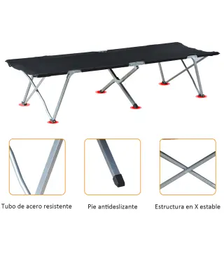 Cama de Acampada Plegable de Tela Oxford 600D con Marco Metálico Carga 136 kg para Playa Senderismo 193x64x40 cm Negro