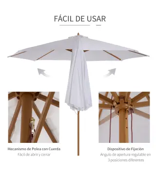 Sombrilla Terraza Exterior Ø300 cm con Techo Ventilado y Poste Desmontable de Madera para Terraza Patio Blanco