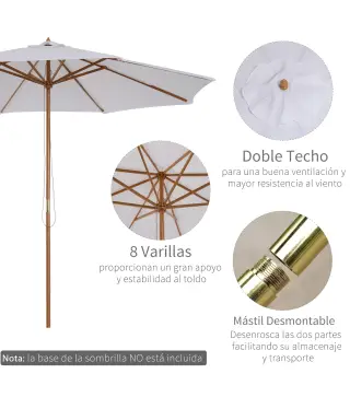 Sombrilla Terraza Exterior Ø300 cm con Techo Ventilado y Poste Desmontable de Madera para Terraza Patio Blanco