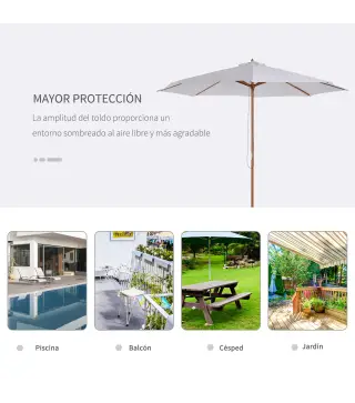 Sombrilla Terraza Exterior Ø300 cm con Techo Ventilado y Poste Desmontable de Madera para Terraza Patio Blanco