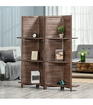 Biombo Plegable de 4 Paneles de Madera 162x170 cm Biombo Separador de Ambientes con 3 Estantes Nogal