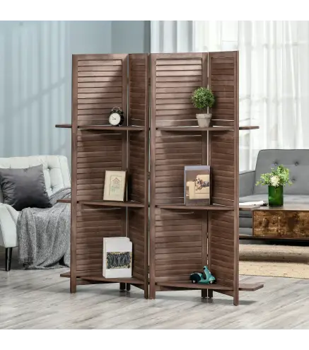 Biombo Plegable de 4 Paneles de Madera 162x170 cm Biombo Separador de Ambientes con 3 Estantes Nogal