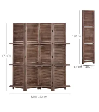 Biombo Plegable de 4 Paneles de Madera 162x170 cm Biombo Separador de Ambientes con 3 Estantes Nogal