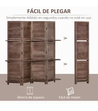 Biombo Plegable de 4 Paneles de Madera 162x170 cm Biombo Separador de Ambientes con 3 Estantes Nogal