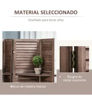 Biombo Plegable de 4 Paneles de Madera 162x170 cm Biombo Separador de Ambientes con 3 Estantes Nogal