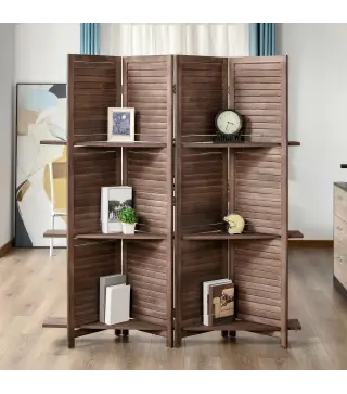 Biombo Plegable de 4 Paneles de Madera 162x170 cm Biombo Separador de Ambientes con 3 Estantes Nogal