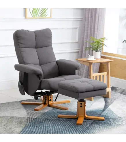 Sillón Relax Reclinable con Reposapiés 10 Puntos de Masaje Giratorio Mando a Distancia Bolsillo Lateral Gris Oscuro