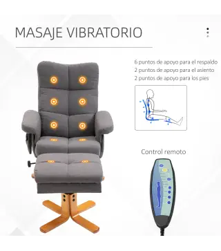 Sillón Relax Reclinable con Reposapiés 10 Puntos de Masaje Giratorio Mando a Distancia Bolsillo Lateral Gris Oscuro