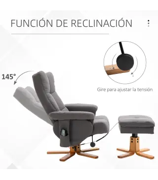 Sillón Relax Reclinable con Reposapiés 10 Puntos de Masaje Giratorio Mando a Distancia Bolsillo Lateral Gris Oscuro