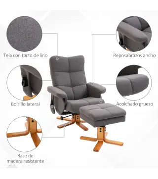 Sillón Relax Reclinable con Reposapiés 10 Puntos de Masaje Giratorio Mando a Distancia Bolsillo Lateral Gris Oscuro