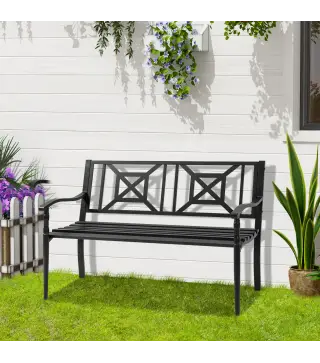 Banco de Jardín de 2 Plazas Banco Exterior de Acero con Reposabrazos y Respaldo Decorativo para Terraza Balcón Patio Carga 240 k