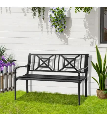 Banco de Jardín de 2 Plazas Banco Exterior de Acero con Reposabrazos y Respaldo Decorativo para Terraza Balcón Patio Carga 240 k