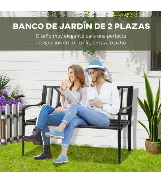 Banco de Jardín de 2 Plazas Banco Exterior de Acero con Reposabrazos y Respaldo Decorativo para Terraza Balcón Patio Carga 240 k
