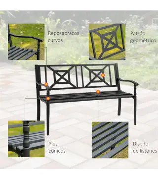 Banco de Jardín de 2 Plazas Banco Exterior de Acero con Reposabrazos y Respaldo Decorativo para Terraza Balcón Patio Carga 240 k