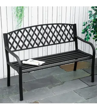 Banco de Jardín de 2 Plazas con Respaldo Decorativo y Reposabrazos para Terraza Balcón Patio Exterior Carga 240 kg Hierro Fundid