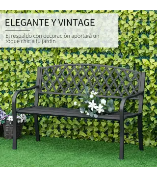 Banco de Jardín de 2 Plazas con Respaldo Decorativo y Reposabrazos para Terraza Balcón Patio Exterior Carga 240 kg Hierro Fundid