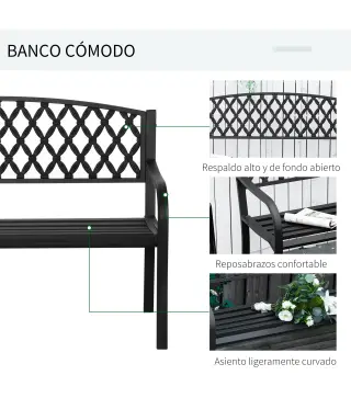 Banco de Jardín de 2 Plazas con Respaldo Decorativo y Reposabrazos para Terraza Balcón Patio Exterior Carga 240 kg Hierro Fundid