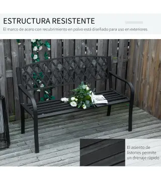 Banco de Jardín de 2 Plazas con Respaldo Decorativo y Reposabrazos para Terraza Balcón Patio Exterior Carga 240 kg Hierro Fundid