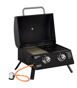 Barbacoa de Mesa a Gas Plegable con 2 Quemadores Parrilla de Gas Portátil con Tapa Acero a Carbono para Camping Picnic al Aire L