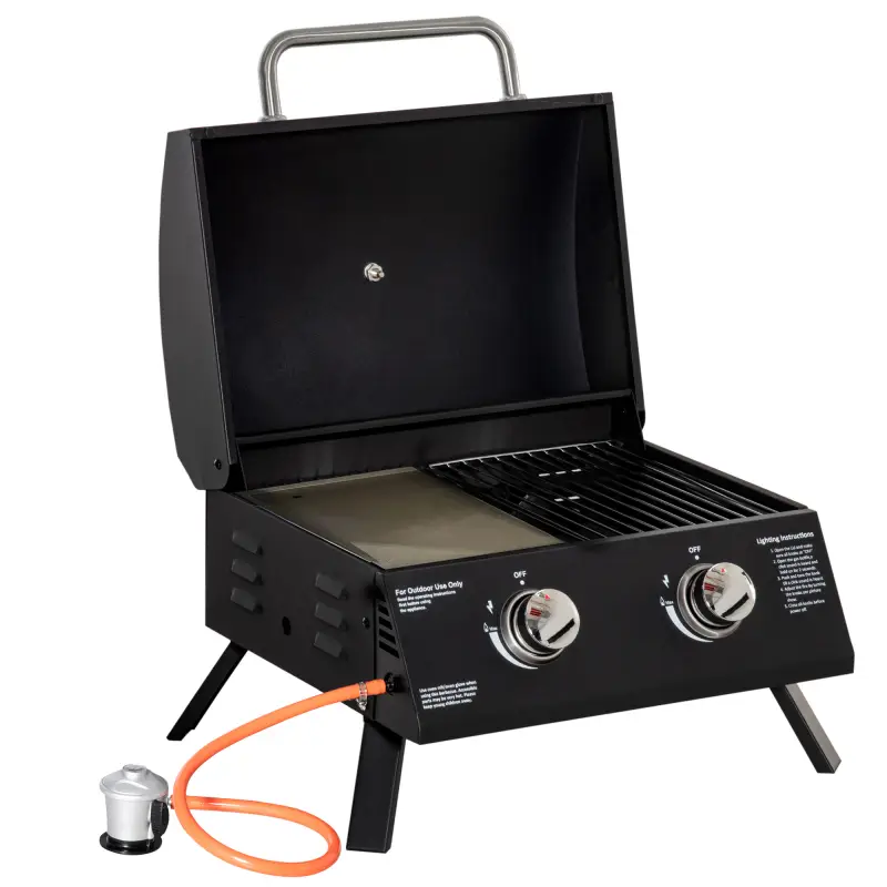Barbacoa de Mesa a Gas Plegable con 2 Quemadores Parrilla de Gas Portátil con Tapa Acero a Carbono para Camping Picnic al Aire L