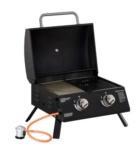 Barbacoa de Mesa a Gas Plegable con 2 Quemadores Parrilla de Gas Portátil con Tapa Acero a Carbono para Camping Picnic al Aire L