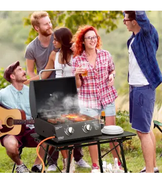 Barbacoa de Mesa a Gas Plegable con 2 Quemadores Parrilla de Gas Portátil con Tapa Acero a Carbono para Camping Picnic al Aire L