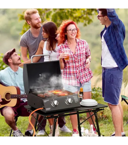 Barbacoa de Mesa a Gas Plegable con 2 Quemadores Parrilla de Gas Portátil con Tapa Acero a Carbono para Camping Picnic al Aire L